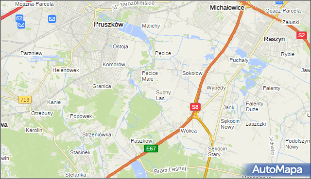 mapa Suchy Las gmina Michałowice, Suchy Las gmina Michałowice na mapie Targeo