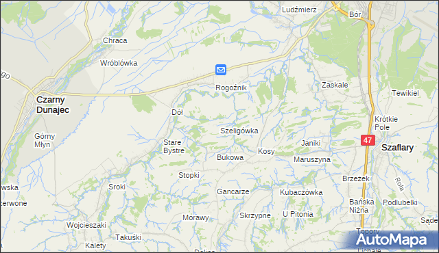 mapa Szeligówka gmina Czarny Dunajec, Szeligówka gmina Czarny Dunajec na mapie Targeo