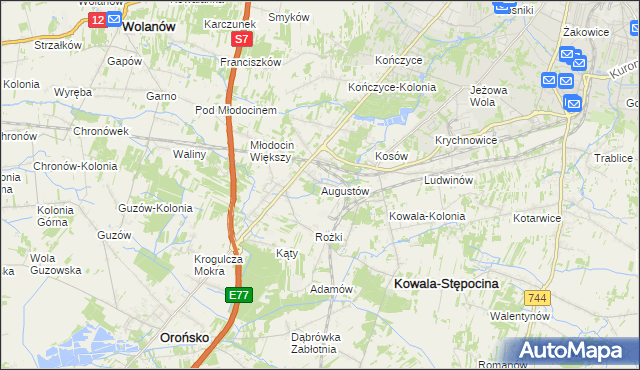 mapa Augustów gmina Kowala, Augustów gmina Kowala na mapie Targeo