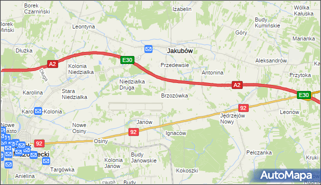 mapa Brzozówka gmina Jakubów, Brzozówka gmina Jakubów na mapie Targeo