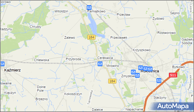 mapa Cerekwica gmina Rokietnica, Cerekwica gmina Rokietnica na mapie Targeo