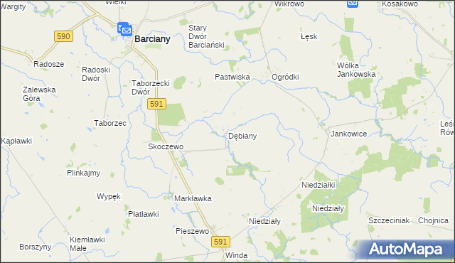 mapa Dębiany gmina Barciany, Dębiany gmina Barciany na mapie Targeo