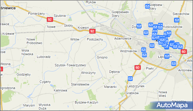 mapa Gnojno gmina Kutno, Gnojno gmina Kutno na mapie Targeo