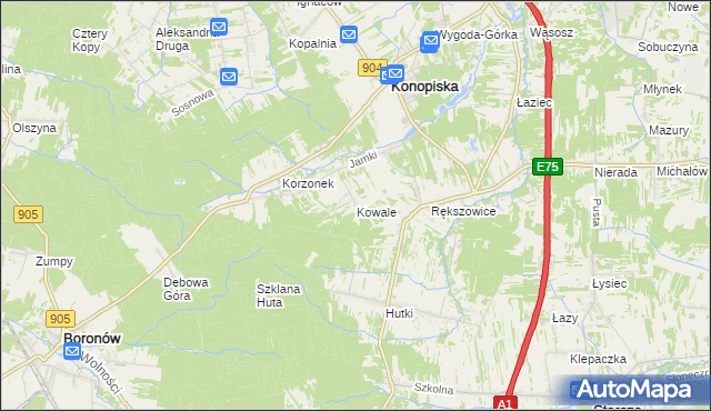mapa Kowale gmina Konopiska, Kowale gmina Konopiska na mapie Targeo