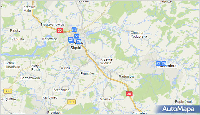 mapa Krzewie Wielkie, Krzewie Wielkie na mapie Targeo