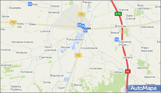 mapa Krzyszkowice gmina Piątek, Krzyszkowice gmina Piątek na mapie Targeo