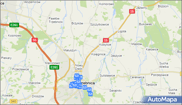 mapa Księginice gmina Trzebnica, Księginice gmina Trzebnica na mapie Targeo