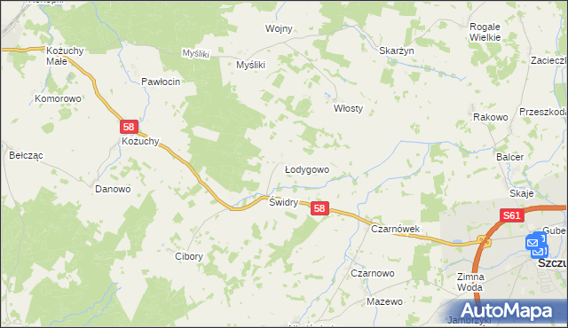 mapa Łodygowo gmina Biała Piska, Łodygowo gmina Biała Piska na mapie Targeo