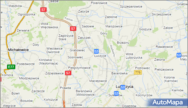 mapa Łuczyce gmina Kocmyrzów-Luborzyca, Łuczyce gmina Kocmyrzów-Luborzyca na mapie Targeo