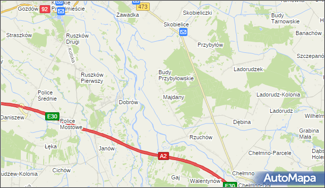 mapa Majdany gmina Dąbie, Majdany gmina Dąbie na mapie Targeo