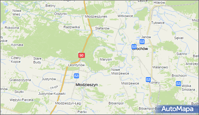 mapa Marysin gmina Młodzieszyn, Marysin gmina Młodzieszyn na mapie Targeo