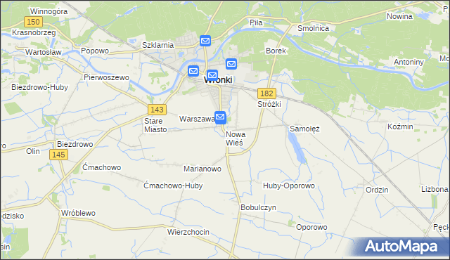 mapa Nowa Wieś gmina Wronki, Nowa Wieś gmina Wronki na mapie Targeo