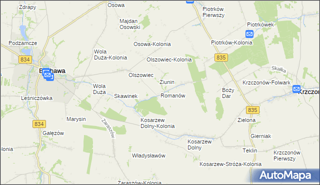 mapa Romanów gmina Bychawa, Romanów gmina Bychawa na mapie Targeo