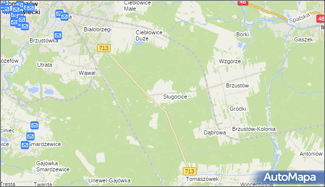 mapa Sługocice gmina Tomaszów Mazowiecki, Sługocice gmina Tomaszów Mazowiecki na mapie Targeo