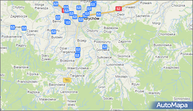 mapa Sułkowice gmina Andrychów, Sułkowice gmina Andrychów na mapie Targeo