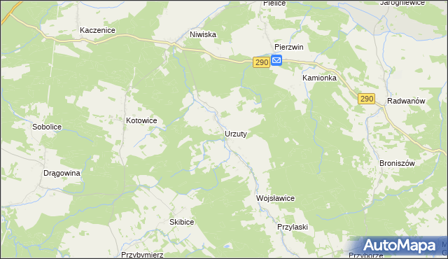 mapa Urzuty gmina Nowogród Bobrzański, Urzuty gmina Nowogród Bobrzański na mapie Targeo