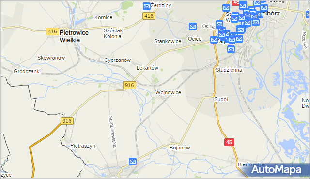 mapa Wojnowice gmina Krzanowice, Wojnowice gmina Krzanowice na mapie Targeo