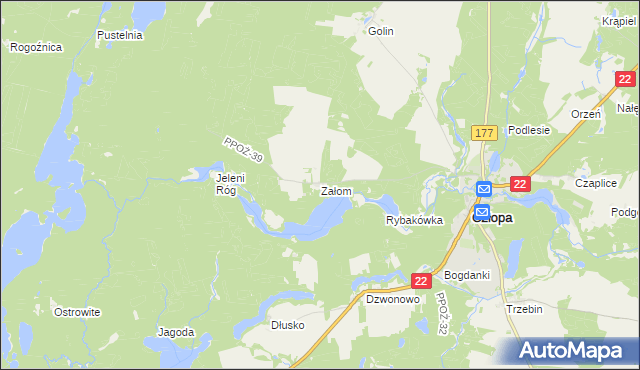 mapa Załom gmina Człopa, Załom gmina Człopa na mapie Targeo