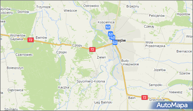 mapa Zieleń gmina Uniejów, Zieleń gmina Uniejów na mapie Targeo