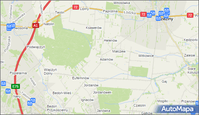 mapa Adamów gmina Brzeziny, Adamów gmina Brzeziny na mapie Targeo