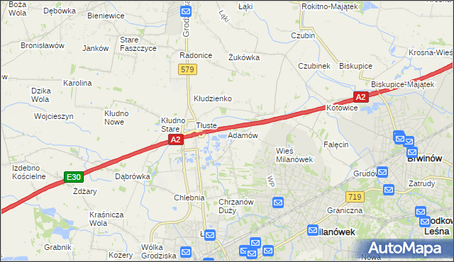 mapa Adamów gmina Grodzisk Mazowiecki, Adamów gmina Grodzisk Mazowiecki na mapie Targeo
