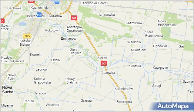 mapa Bielice gmina Sochaczew, Bielice gmina Sochaczew na mapie Targeo