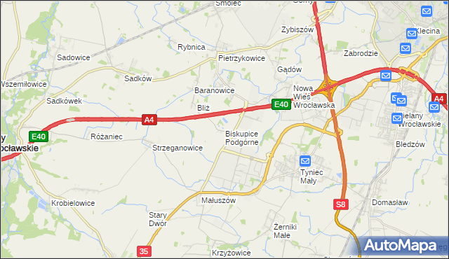 mapa Biskupice Podgórne, Biskupice Podgórne na mapie Targeo