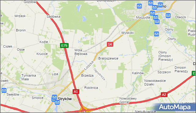 mapa Bratoszewice, Bratoszewice na mapie Targeo