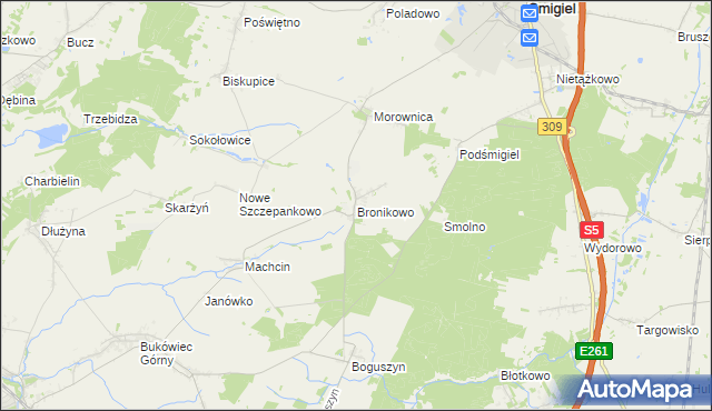 mapa Bronikowo gmina Śmigiel, Bronikowo gmina Śmigiel na mapie Targeo