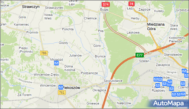 mapa Brynica gmina Piekoszów, Brynica gmina Piekoszów na mapie Targeo