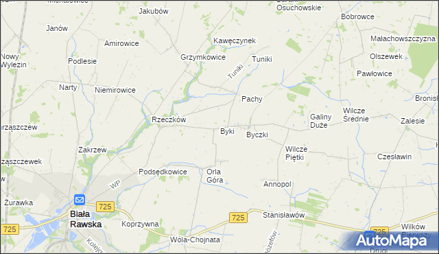 mapa Byki gmina Biała Rawska, Byki gmina Biała Rawska na mapie Targeo