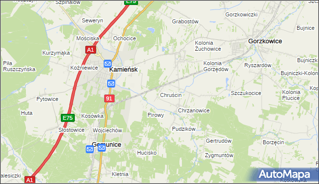 mapa Chruścin gmina Gomunice, Chruścin gmina Gomunice na mapie Targeo