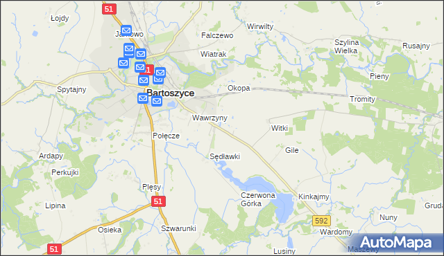 mapa Dębówko gmina Bartoszyce, Dębówko gmina Bartoszyce na mapie Targeo