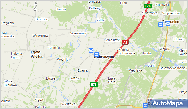 mapa Dobryszyce, Dobryszyce na mapie Targeo