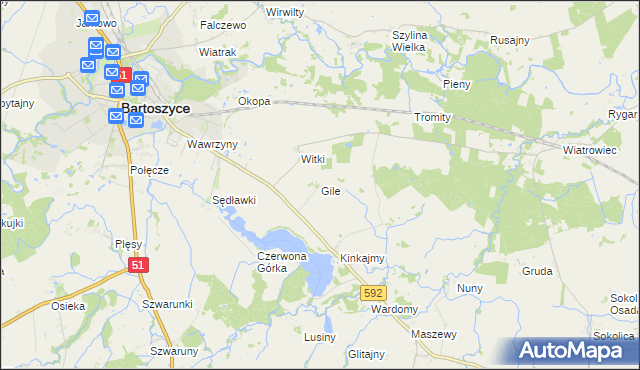 mapa Gile gmina Bartoszyce, Gile gmina Bartoszyce na mapie Targeo