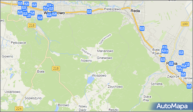 mapa Gniewowo gmina Wejherowo, Gniewowo gmina Wejherowo na mapie Targeo