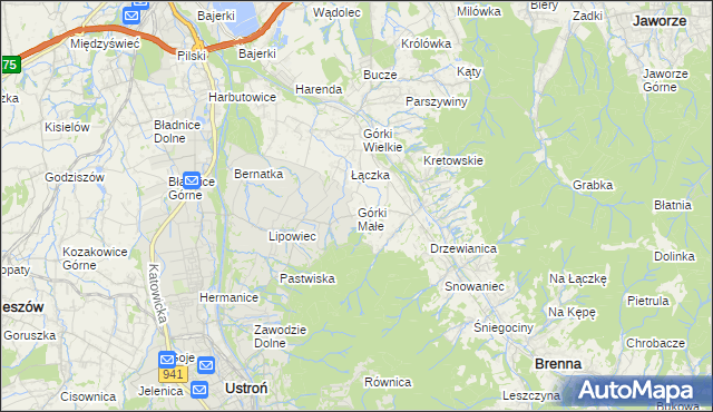 mapa Górki Małe gmina Brenna, Górki Małe gmina Brenna na mapie Targeo