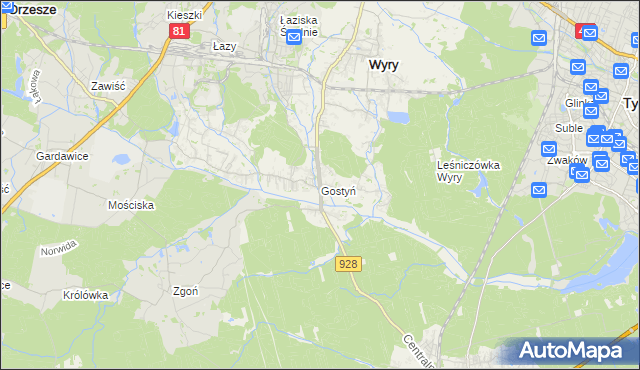 mapa Gostyń gmina Wyry, Gostyń gmina Wyry na mapie Targeo