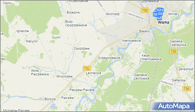 mapa Grzegorzewice gmina Warka, Grzegorzewice gmina Warka na mapie Targeo