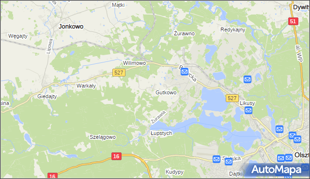 mapa Gutkowo gmina Jonkowo, Gutkowo gmina Jonkowo na mapie Targeo