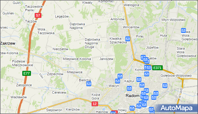 mapa Janiszew gmina Zakrzew, Janiszew gmina Zakrzew na mapie Targeo