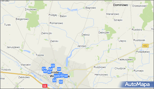 mapa Janowo gmina Środa Wielkopolska, Janowo gmina Środa Wielkopolska na mapie Targeo