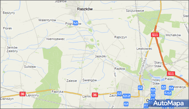 mapa Jaskółki gmina Raszków, Jaskółki gmina Raszków na mapie Targeo