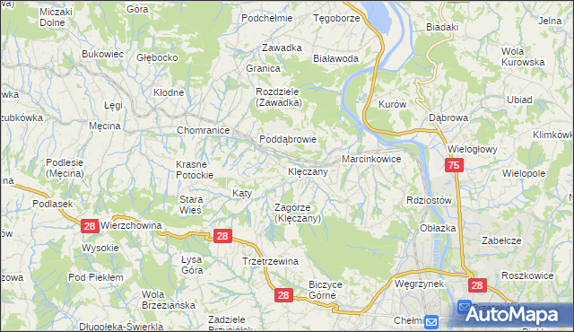 mapa Klęczany gmina Chełmiec, Klęczany gmina Chełmiec na mapie Targeo