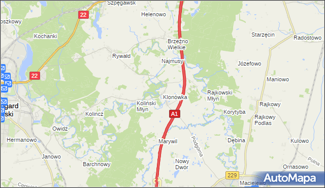 mapa Klonówka gmina Starogard Gdański, Klonówka gmina Starogard Gdański na mapie Targeo