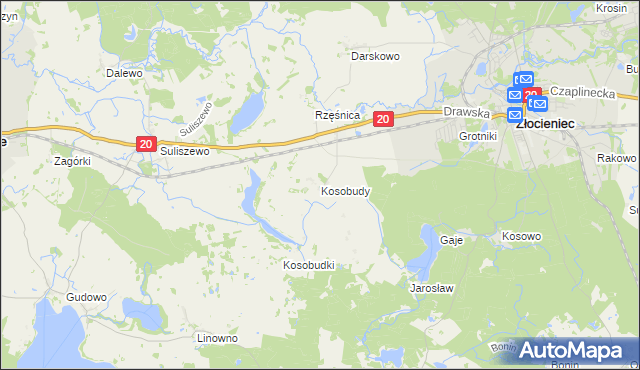 mapa Kosobudy gmina Złocieniec, Kosobudy gmina Złocieniec na mapie Targeo