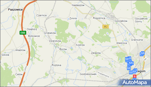 mapa Kostrza gmina Strzegom, Kostrza gmina Strzegom na mapie Targeo