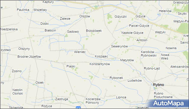 mapa Koszajec gmina Rybno, Koszajec gmina Rybno na mapie Targeo