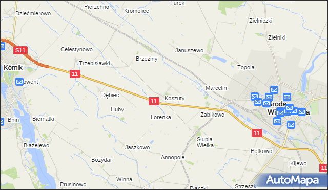 mapa Koszuty gmina Środa Wielkopolska, Koszuty gmina Środa Wielkopolska na mapie Targeo