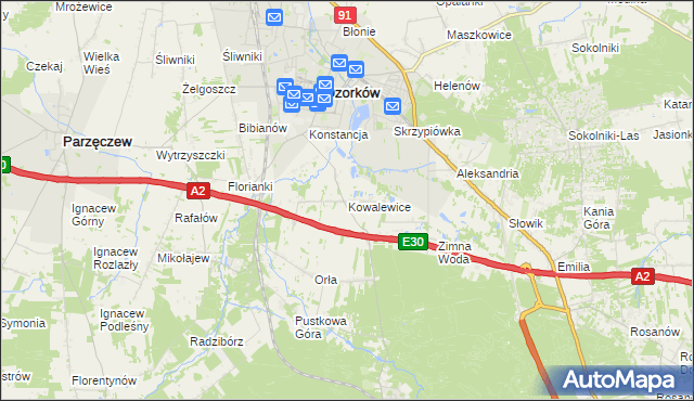 mapa Kowalewice gmina Parzęczew, Kowalewice gmina Parzęczew na mapie Targeo